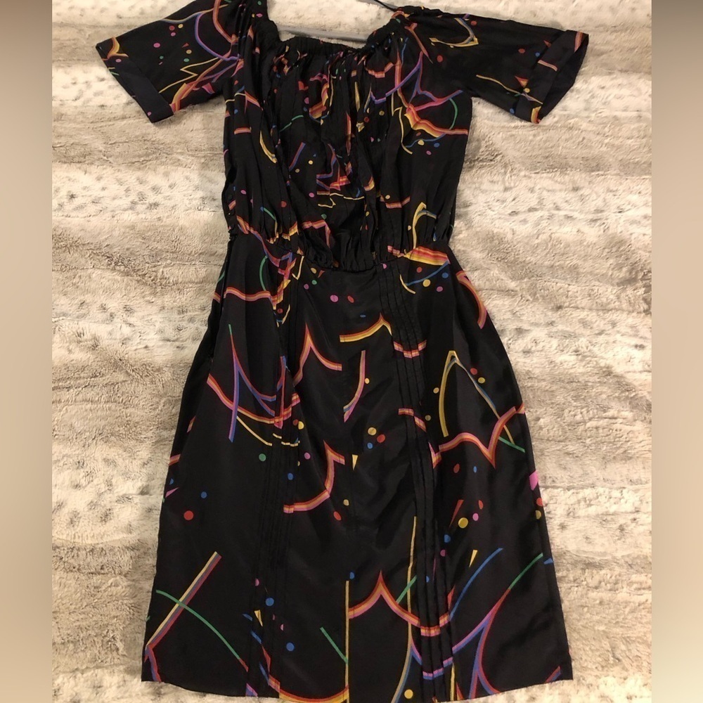 : : PRADA Silk Off Shoulder Multicolor Fun Print Dress : :​ - Picture 11 of 16